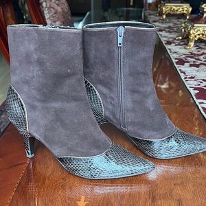 BCBGMaxAzria Genuine Suede Leather Dark Brown Heeled Boots with Snakeskin Detail